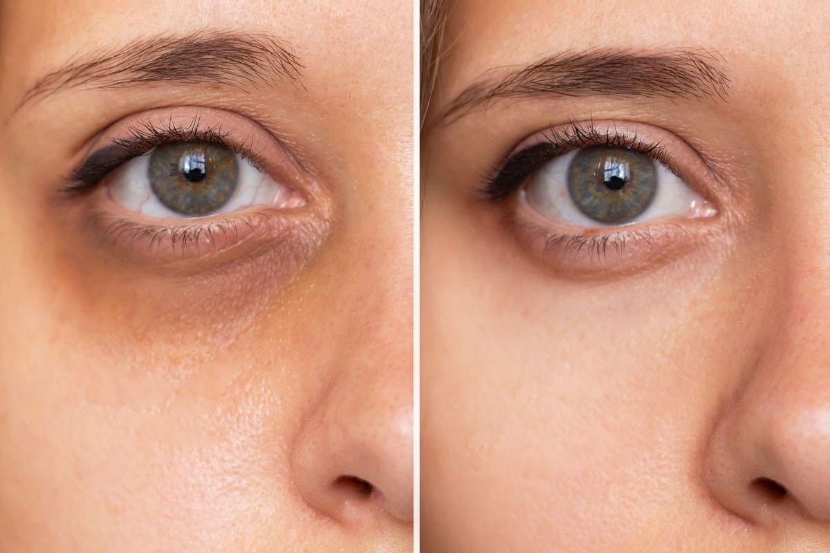 Comparação de antes e depois do tratamento de olheiras